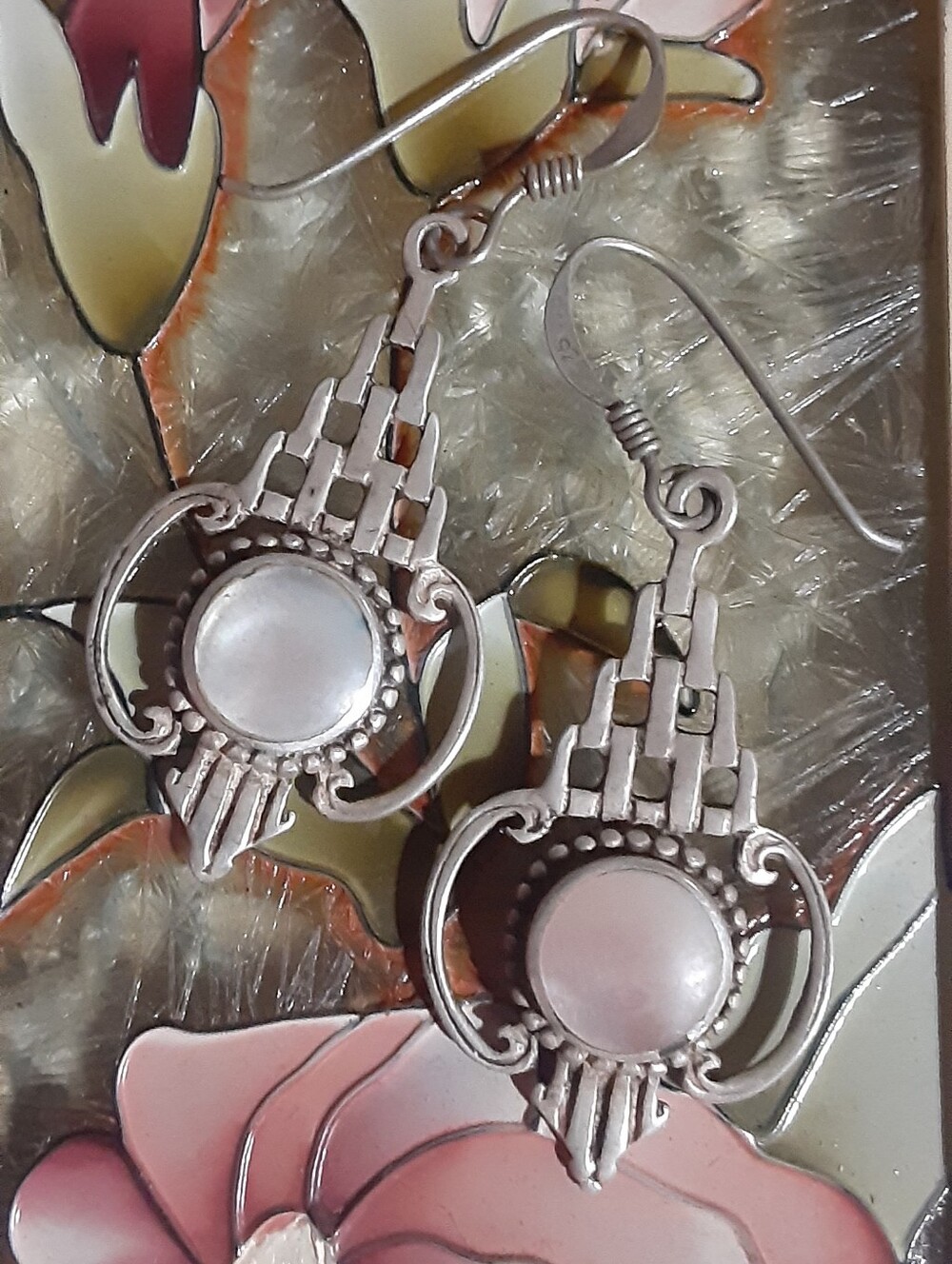 Art Deco Mother Of Pearl Sterling Silver Dangle Earrings ~ Lovely